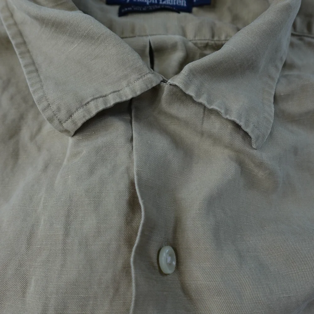 Polo Ralph Lauren Caldwell Shirt Mens XL Beige Silk Linen Camp Collar Button Up